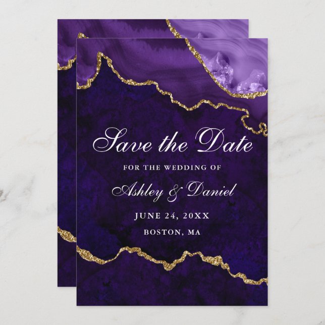Save The Date Marbre Agate Géode Violet Or Aquarelle (Devant / Derrière)