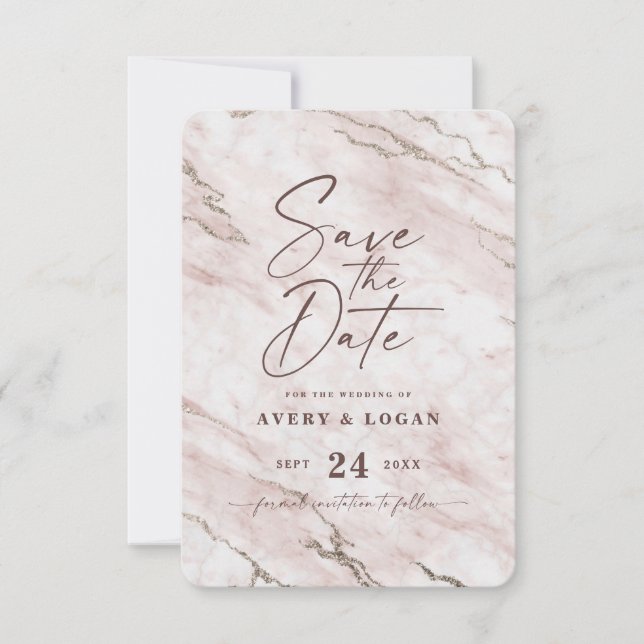 Save The Date Marbre blanc chic avec Champagne Gold Foil Détails (Devant)