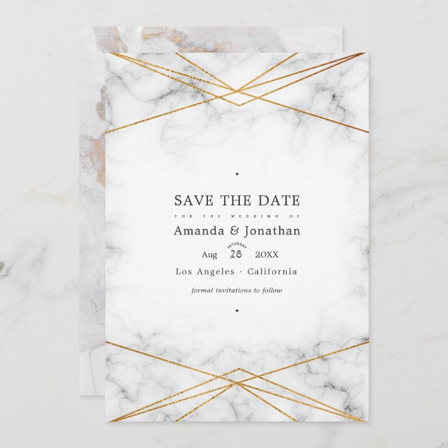 Save The Date Marbre d'or Mariage géométrique photo (Devant / Derrière)