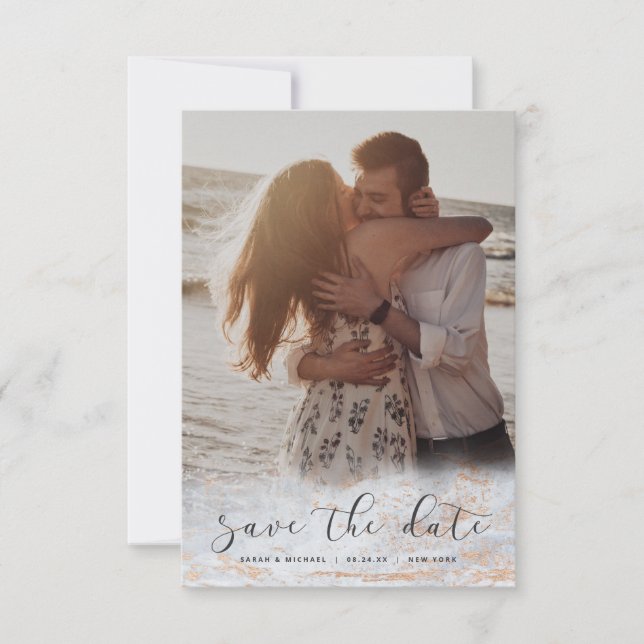 Save The Date Marbre moderne Fade Dusty Blue Cuivre Photo person (Devant)