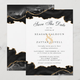 Save The Date Marbre Noir Et Or Agate Moderne Économisez La Date