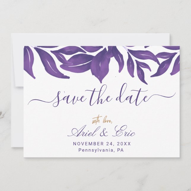 Save The Date Marbre pourpre & Eucalyptus or Elégant mariage (Devant)