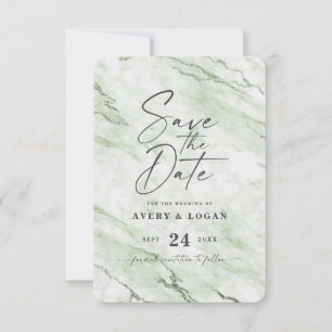 Save The Date Marbre vert chic Sage avec huile de genièvre Détai