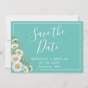 Save The Date Marguerites Turquoises et blanches modernes