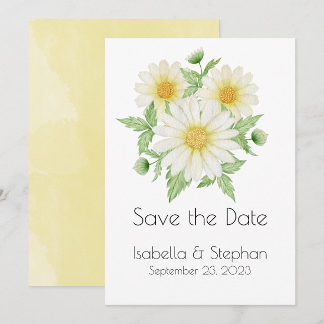Save The Date Marguerites Typographie florale jaune blanc (Devant / Derrière)