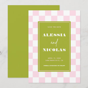 Save The Date Mariage à carreaux rose et vert Retro Fun