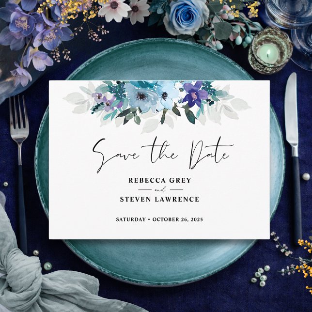 Save The Date Mariage à fleurs bleu pourpre et somptueux (Créateur téléchargé)