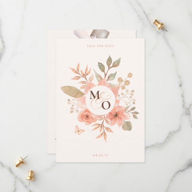Save The Date Mariage à fleurs de pêche rose (Devant/Arrière en situation)