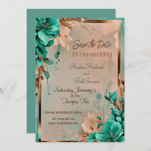 Save The Date mariage à fleurs turquoise et cuivre