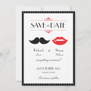 Save The Date Mariage à la Moustache et aux Lèvres Rouges, Noire