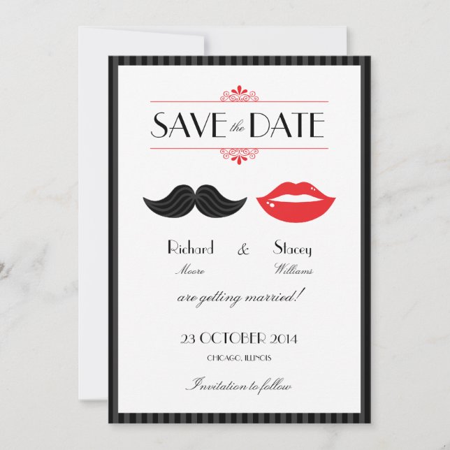 Save The Date Mariage à la Moustache & Lèvres Rouge, Noir & Blan (Devant)