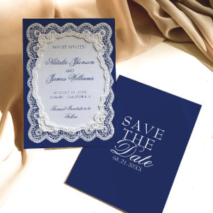 Save The Date Mariage à l'ancienne dentelle en papier bleu royal