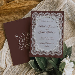 Save The Date Mariage à l'ancienne dentelle marron chocolat