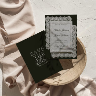Save The Date Mariage à l'ancienne en noir et blanc en dentelle
