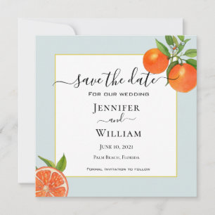 Save The Date Mariage à l'aquarelle Citrus avec bordure aqua 