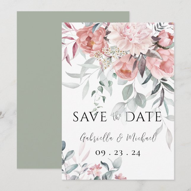 Save The Date Mariage à l'aquarelle rose avec verdure et pivoine (Devant / Derrière)