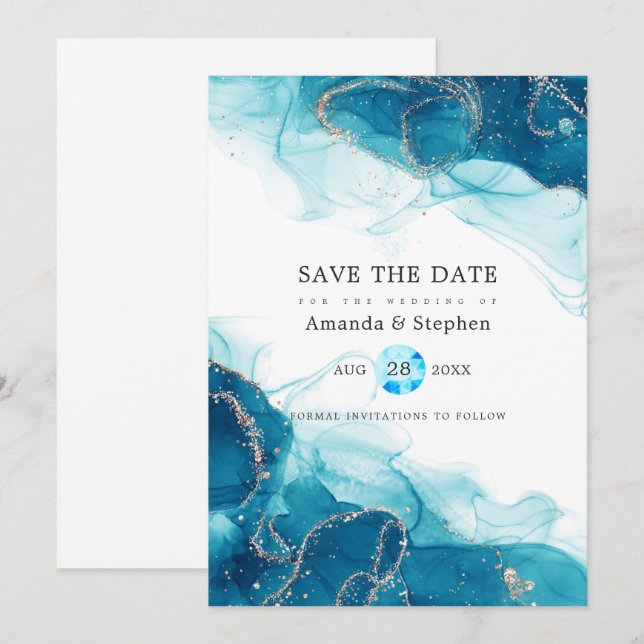 Save The Date Mariage à l'encre alcoolique Turquoise et Or (Devant / Derrière)
