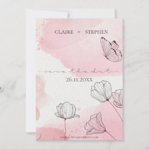 Save The Date Mariage à papillon rose pâle de la ligne Aquarelle