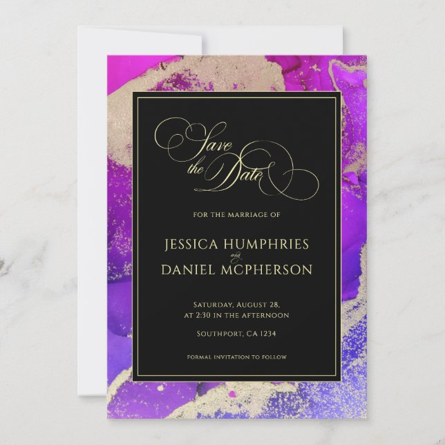 Save The Date Mariage Abstrait Moody Black Pink Gold Purple (Devant)