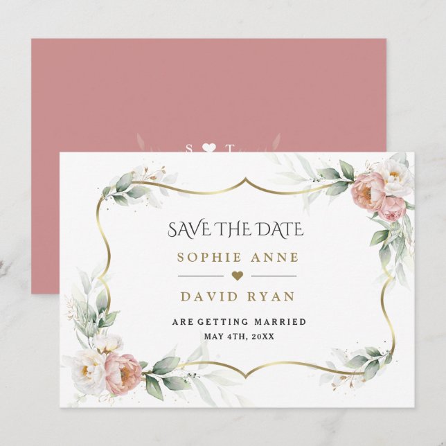 Save The Date Mariage aérien floral rose poudré doré (Devant / Derrière)