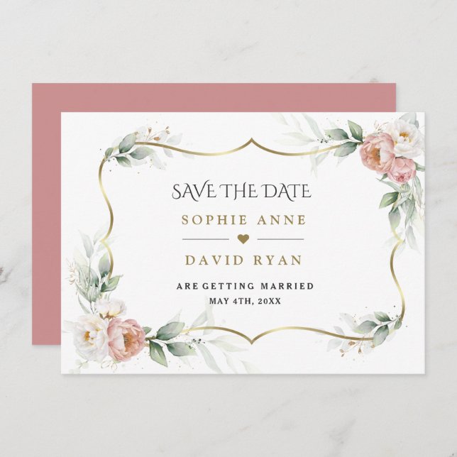 Save The Date Mariage aérien floral rose poussiéreux blanc orné  (Devant / Derrière)