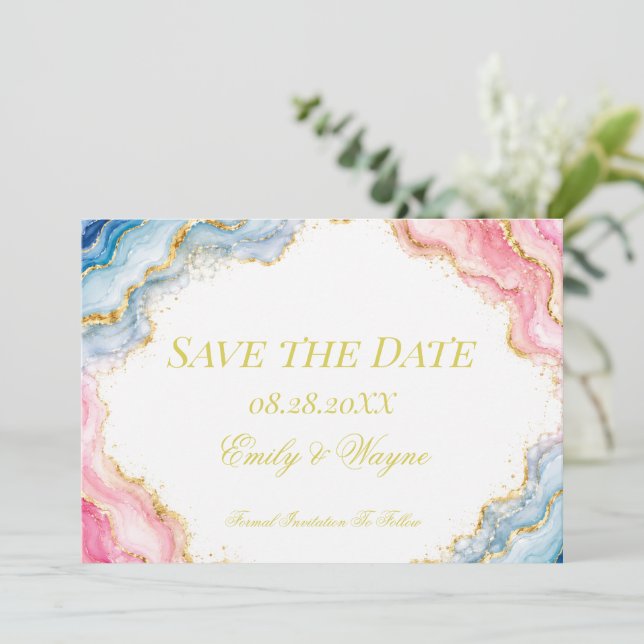 Save The Date Mariage Agate Rose Bleu Or (Debout devant)