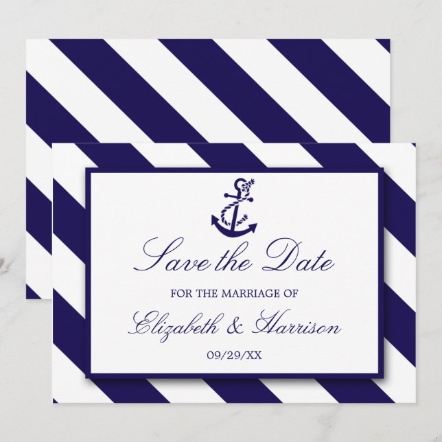 Save The Date Mariage Ancre bleu marine (Devant / Derrière)