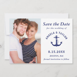 Save The Date Mariage Ancre nautique Photo Marine Bleu rayé