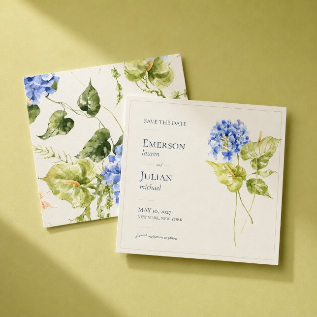 Save The Date Mariage Anthurium Hydrangea Éditorial Moderne (Modern editorial Save the Date featuring sculptural anthuriums and striking blue hydrangeas.)
