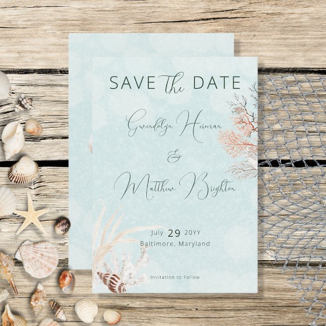 Save The Date Mariage Aqua Ocean & Shells (Créateur téléchargé)