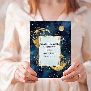 Save The Date Mariage Aquarelle Bleu et Or de Minuit Mystique