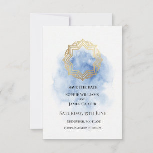 Save The Date Mariage Aquarelle Bleu Or