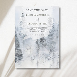Save The Date Mariage aquarelle de montagne enneigée forestière 