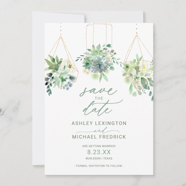 Save The Date Mariage Aquarelle de Succulentes Végétation Bleu P (Devant)
