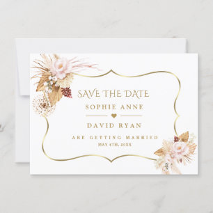 Save The Date Mariage Aquarelle Roses Fanes Herbe des Pampas Or