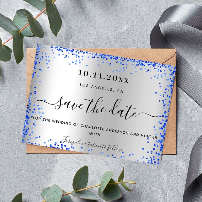 Save The Date Mariage argent bleu royal élégant (Créateur téléchargé)