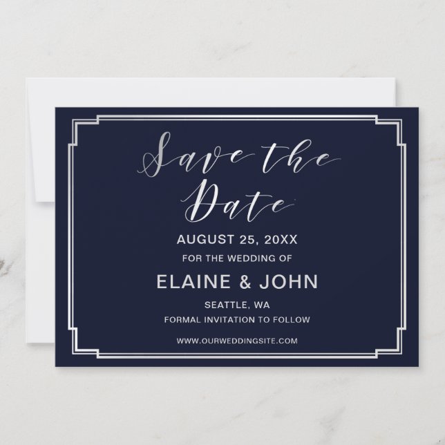 Save The Date Mariage Argenté Classique Navy save the dates (Devant)