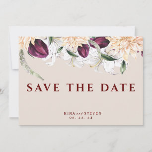 Save The Date mariage arrangement floral botanique rouge et blan