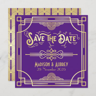 Save The Date Mariage Art Déco Élégant Gold Purple Great Gatsby