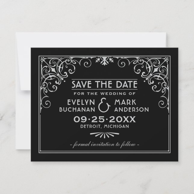 Save The Date Mariage Art Déco Noir Argent à Rouleaux (Devant)