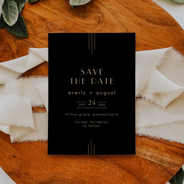 Save The Date Mariage Art déco noir et or (EVERLY Elegant Art Deco Black and Gold Wedding Save The Date)