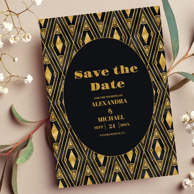 Save The Date Mariage Art déco noir et or glamour (Créateur téléchargé)