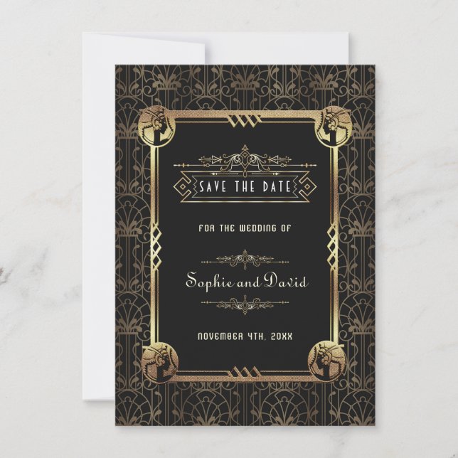Save The Date Mariage Art Déco noir or unique Great Gatsby (Devant)