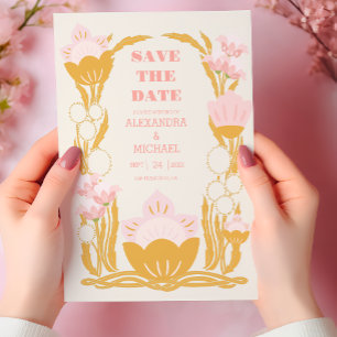 Save The Date Mariage Art Nouveau Floral Rose Doré Vintage