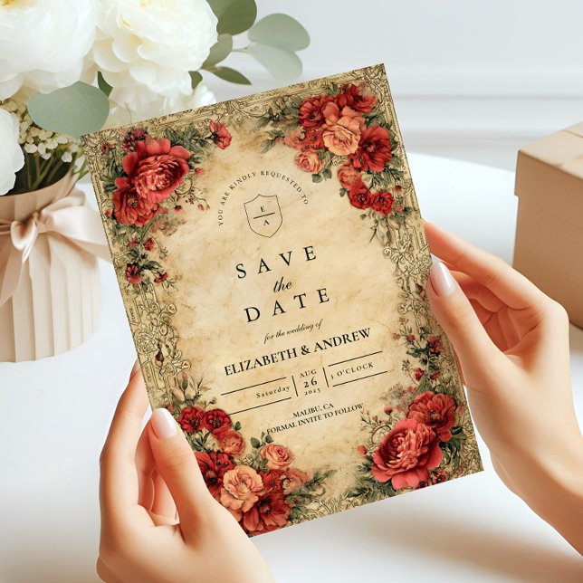 Save The Date Mariage Art Nouveau Rose rouge (Créateur téléchargé)