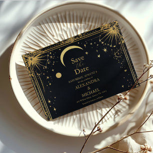 Save The Date Mariage Astronomie Soleil Lune Or Noir Céleste