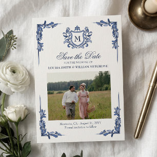 Save The Date Mariage au Blason Vintage Bleu Monogramme