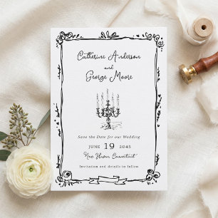 Save The Date Mariage au chandelier dessiné à l'encre fantaisist