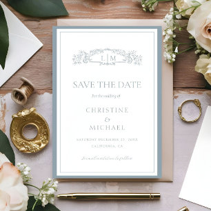Save The Date Mariage au monogramme botanique bleu poussiéreux
