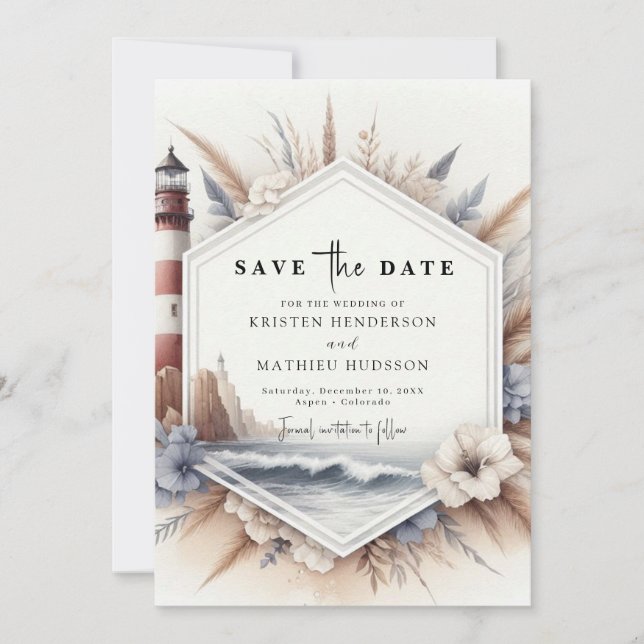 Save The Date Mariage au Phare aux Vibes Océaniques Modernes (Devant)